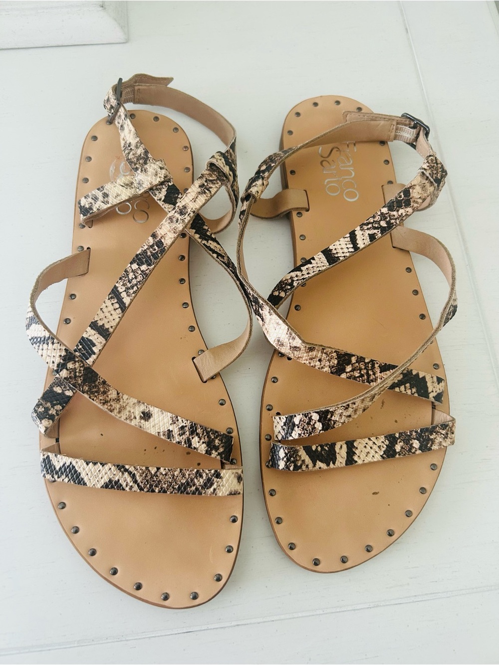 Franco Sarto Tan and Black Snake-Print Strappy Flat Sandals - Picture 2 of 8
